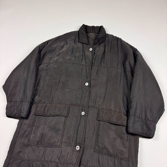 Vtg 100% Silk Quilted Long Coat Womens XL(?) Japanese Avant Garde Shimmer Black - Picture 2 of 11